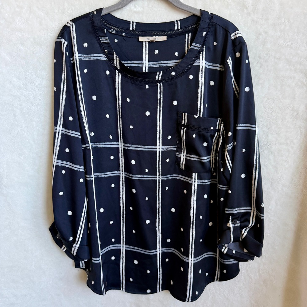 41 Hawthorn Popover Blouse Navy White Windowpane Polka Dot Top Womens Size XL